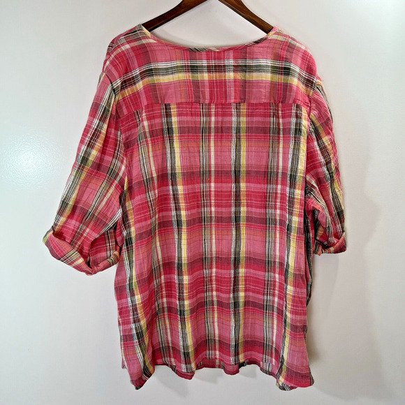 Catherine’s Women’s Plaid Blouse Size 3X Pink Multicolor Tab Sleeves Sheer Airy - Picture 2 of 7